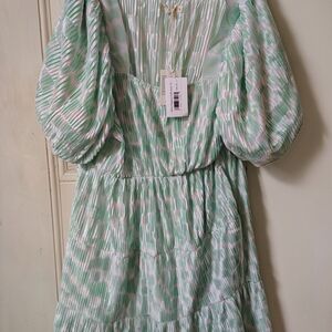 Light Green & White Midi Dress with Puff Sleeves